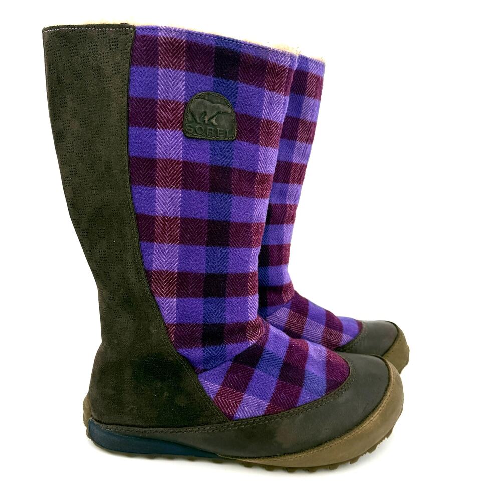 Sorel Women's Mackenzie Purple Plaid Tall Leather Wool Boots Size 7.5